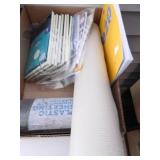 Box of steno pads, stationary items, plastic