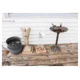 2 Angels & Birdbath, 2 metal planters