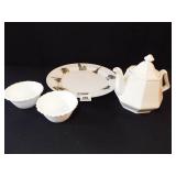 Kaysons Platter, Teapot, Milk Glass Bowls (4)