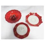 Red Glass Bowl & 2 Serving Trays