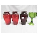 (3) Red Vases, 1 Green Candy Dish