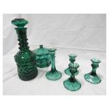 Green Glass Candle  Sticks & Jars