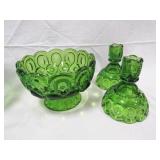 Green Glassware Bowls, Candle Sticks