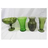 Green Glass Bowls, Vases, Pitcher