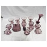 8 Purple Tea Cups, 1 Candy Dish, 4 Wine Glasses