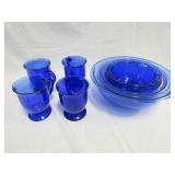 Blue Mixing Bowl Set, 4 Water Glasses