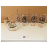 Glassware with Ships, Cups, Ice Bucket (4)