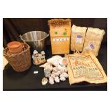 Metal Bucket, clay pots, shells, hay bales