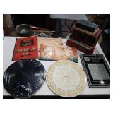 Records, 1973 plate, books, etc