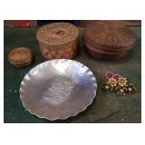 Wicker baskets, silver dish, flower push pins