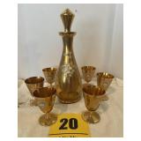 Bohemian glass decanter with six wine glasses