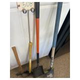 4) hand tools, two shovels, rubbing X and double