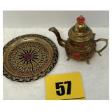 Brass little teapot and serving tray