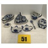 Blue spoon holders, salt and peppers creamer,