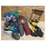 Camping equipment, chairs, deer horns, baseball