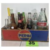 Pepsi-Cola wooden crate with various glass