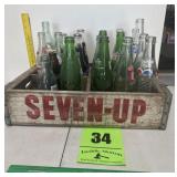 7-Up wooden crate with various bottles