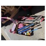 (2) Scooters, Barbie Three Wheeler & Misc. Bats, B