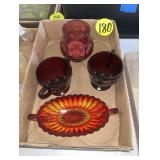 Ruby Cream & Sugar, Relish Dish & Candle Vase