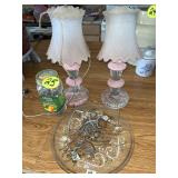 (2) Glass Shade Lamps, Safety Pins & Plant Hangers