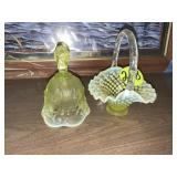 Vaseline Opalescent Basket & Bell