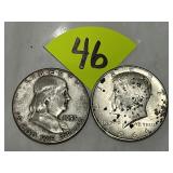 1953 S & 1964 Franklin & Kennedy Silver Half...