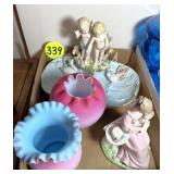(2) Satin Glass Vases & Figurines