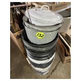 Plastic Buckets, (2) Metal Buckets & Enamel Bucket