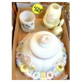 Cosmos Butter Dish, Fenton Fairy Lamp & Bell