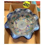 Blue Carnival Stag & Holly Footed Bowl