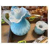 Blue Satin Opalescent Pitcher & Vase