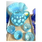 Blue Opalescent Coinspot Pitcher & 4 Tumblers