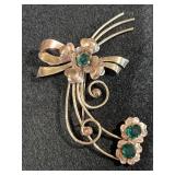 Vintage Gold Tone Floral Brooch set w/Green Stones