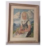 Framed Swiss Art of Girl w/Colorful Flowers