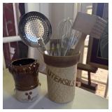 Assorted Kitchen Utensils in Ceramic Holders, etc