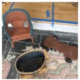 Small wicker chair, pull cart & board on wheels