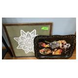 VINTAGE METAL COCA COLA TRAY, FRAMED DOILY 18 x 18