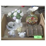 FIGURINES, VASE, CHEST BOX, ETC