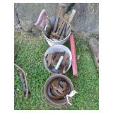 3 BUCKETS OF CAST IRON HORSESHOES & VINT. TOOLS