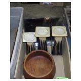 CANDLE HOLDERS, PLATTER & WOODEN BOWL