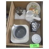 HOT CHOCOLATE PITCHER, MUGS, METAL SUGAR CANISTER>