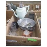 VTG PAINTED COFFEE POT, STRAINER, GRATER, MUGS ETC
