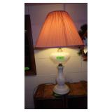 VTG MILK GLASS LAMP (TURNS ON) 30" TO FINIAL TOP