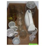 HAMILTON BEACH MIXER (TURNS ON), CANDY JAR, MUGS