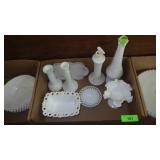 VINTAGE MILKGLASS CANDY DISH, VASES (TALLEST HAS >