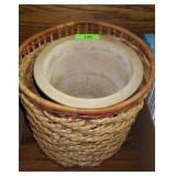 CERAMIC PLANTER & WOVEN WASTEBASKET/PLANTER HOLDER