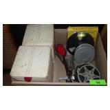 VTG METAL CANISTER TINS, MOVIE REELS, SHOE>>>