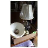 GLASS LAMP, BRASS LAMP, LAMP SHADES (2 NEW)