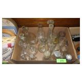 CRUETS, VASES, VINTAGE HORSERADISH BOTTLE, ETC