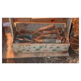 VINTAGE METAL TOOL CARRIER W/ ASST GARDEN TOOLS